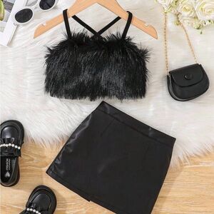 SHEIN Black Faux Fur Top and Skirt Set Size 9